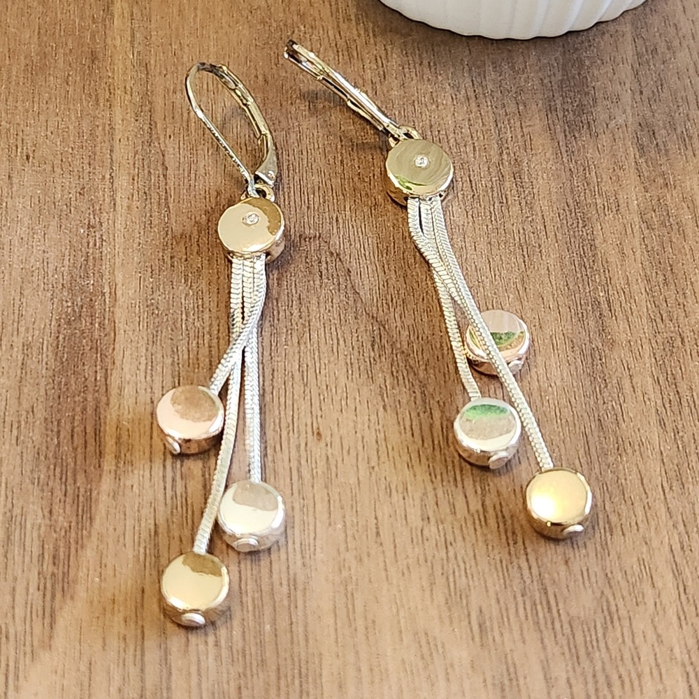 Tri Tone Gold Silver Rose Drop Earrings Triple Snake Chain Lever Back 2.25"